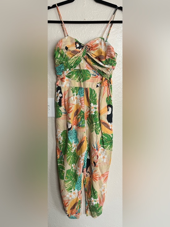 FARM Rio Pants - FARM Rio Cream Tropical Toucan Print Strap Jumpsuit with Green & Orange Accents